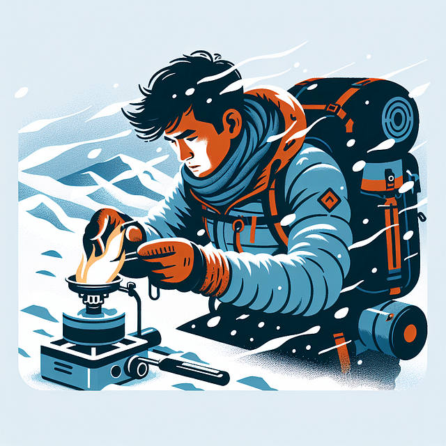 Backpacker checking backpacking stove flame in snowy mountain conditions