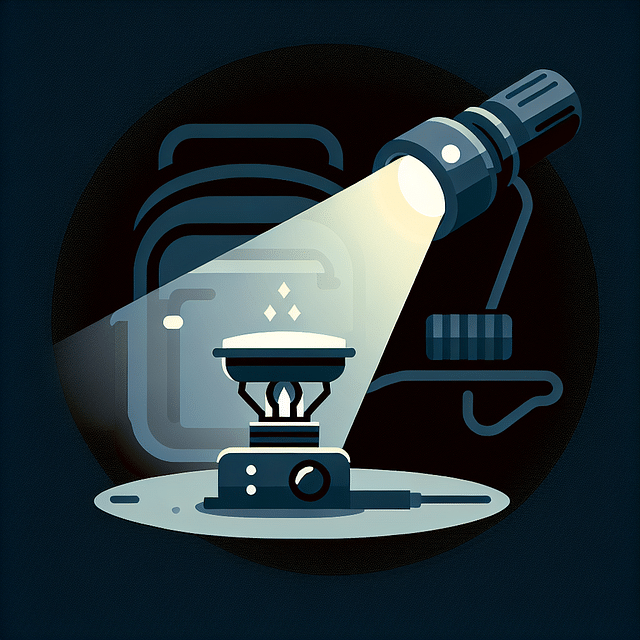 low-lumen headlamp directed downwards at a backpacking stove at night