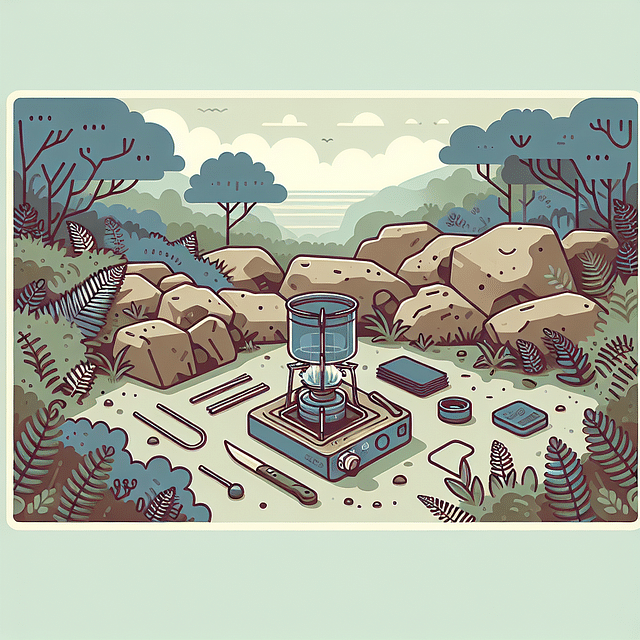 backpacking stove set up in a sheltered outdoor location