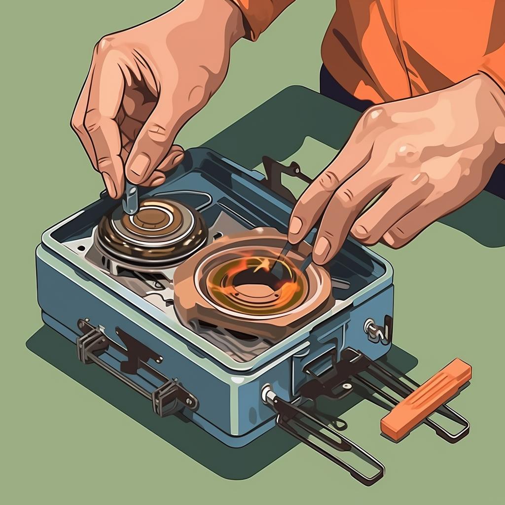 Hands assembling a portable camping stove.
