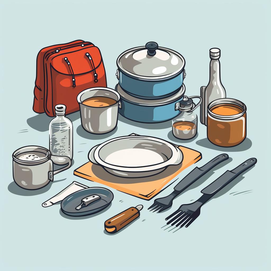 Backpacking cooking gear spread out, including a stove, pots, and utensils