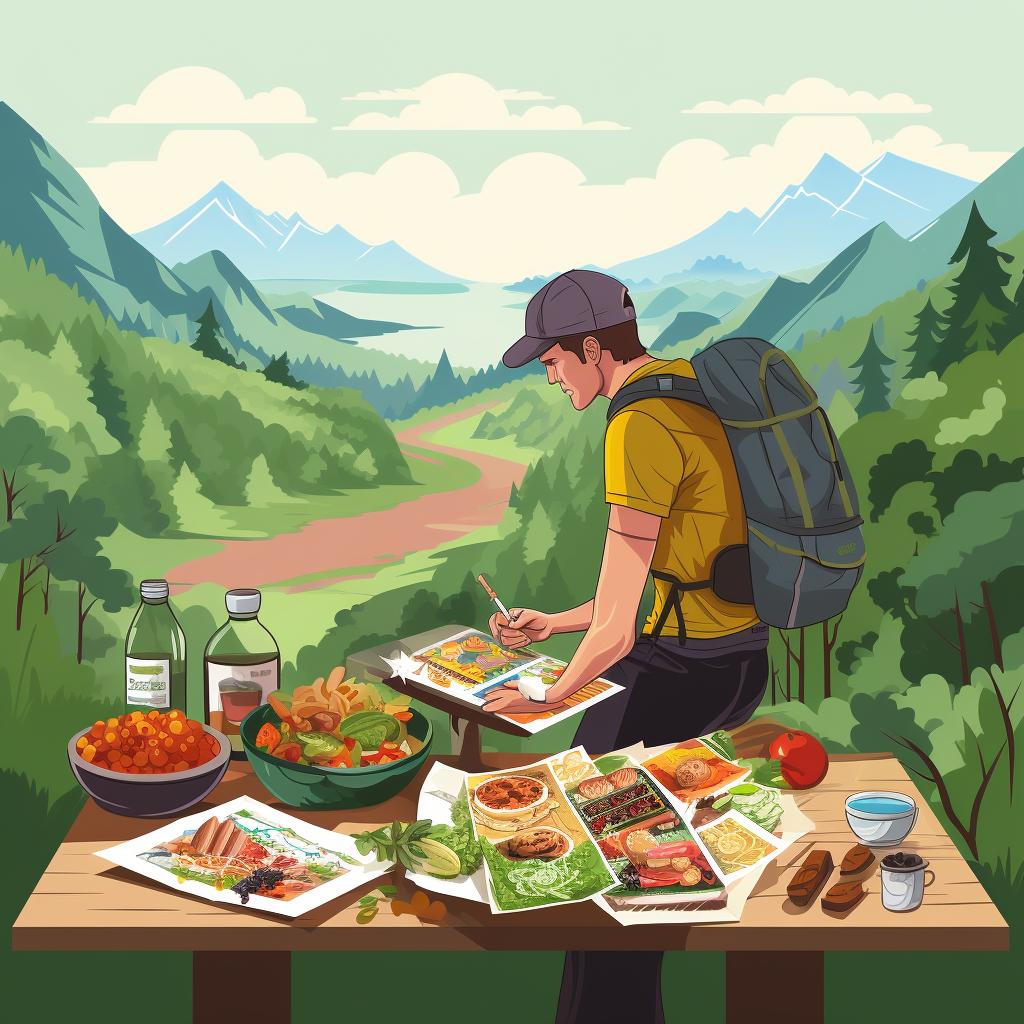 A hiker studying a trail map with a variety of vegan foods spread out in front of them