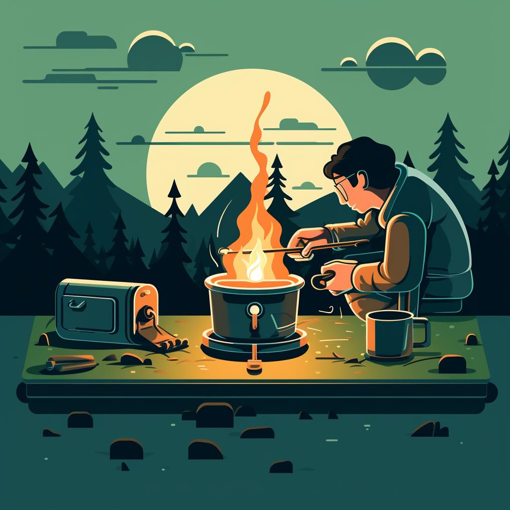 A person lighting a portable camping stove with a match.