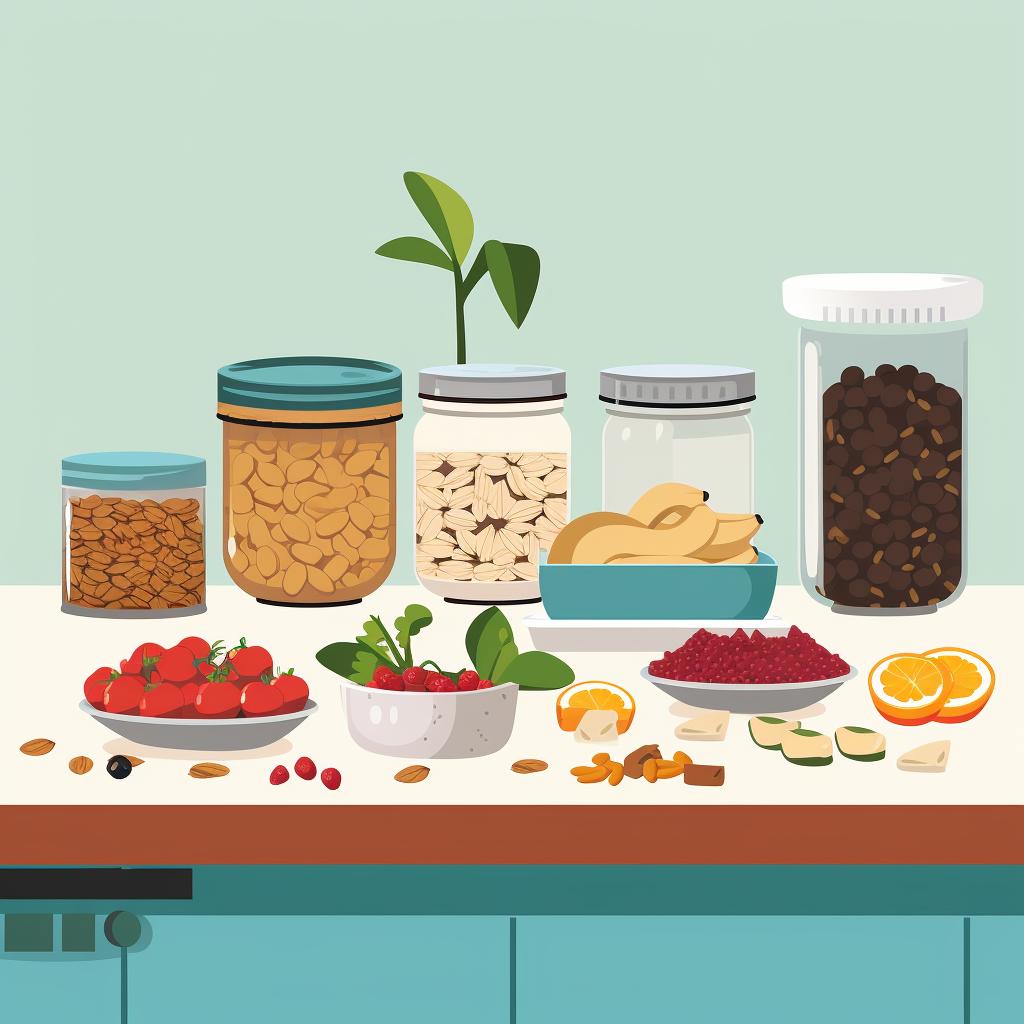 A kitchen counter with dehydrated vegan foods and trail mix