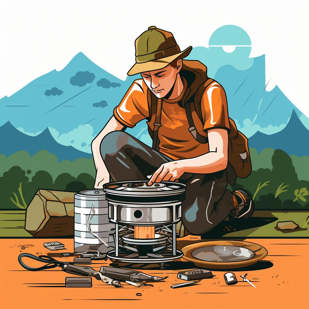 Inspecting a backpacking stove for any signs of damage