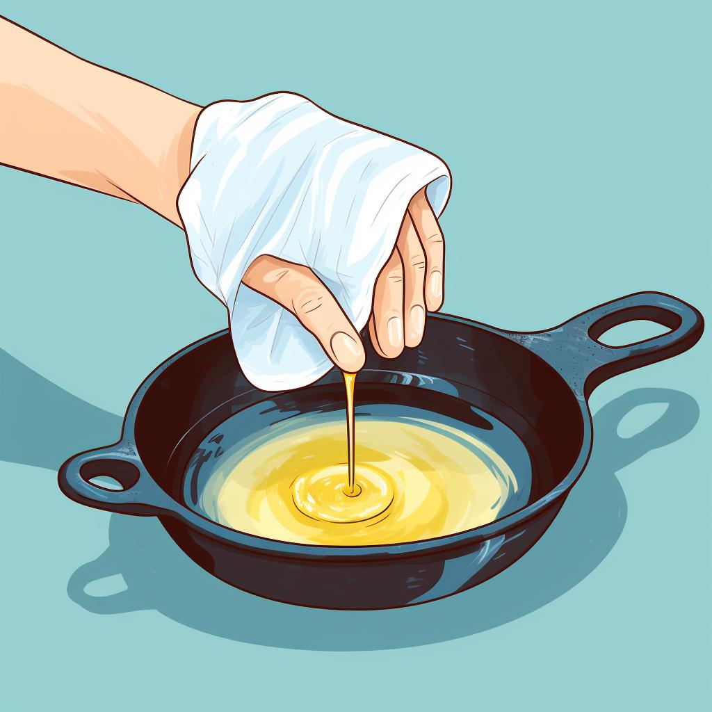 A hand applying oil to a cast iron skillet with a paper towel.