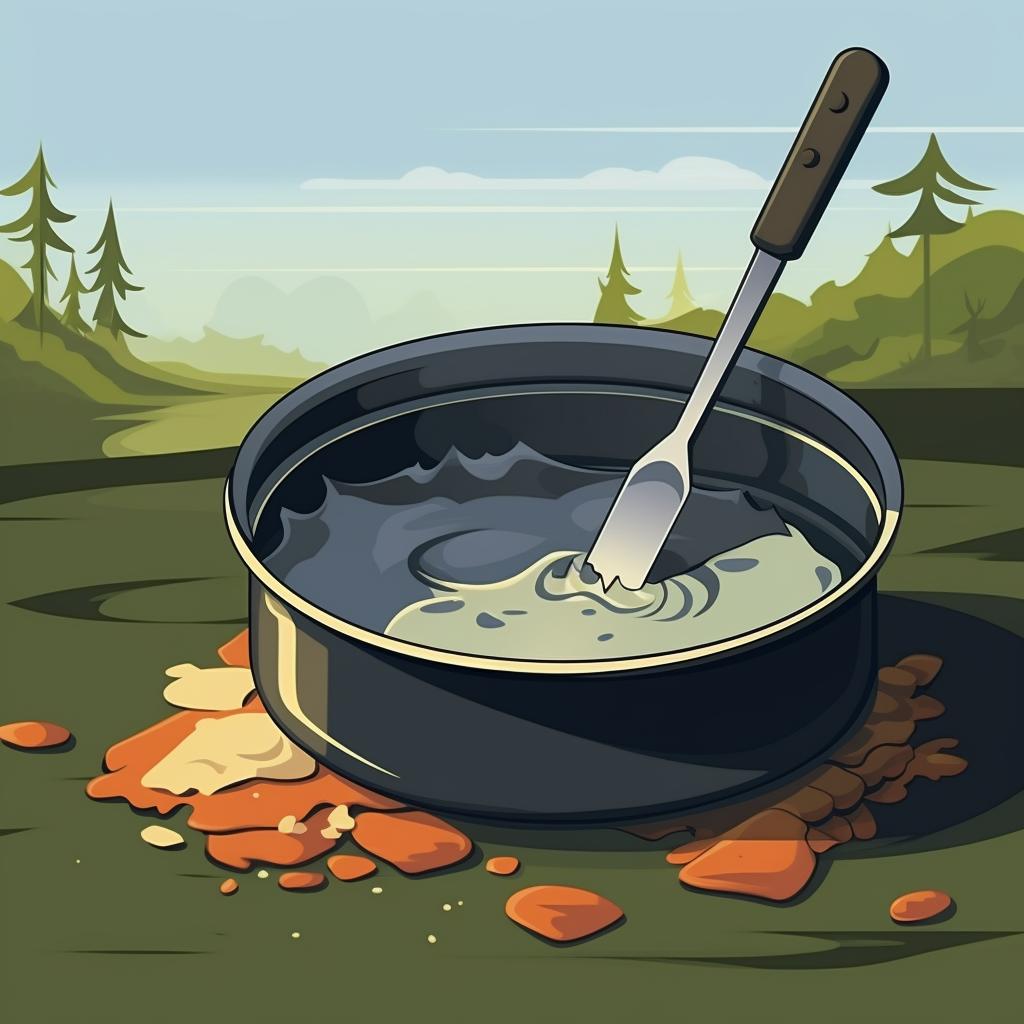 A plastic scraper removing food residue from a camping pot