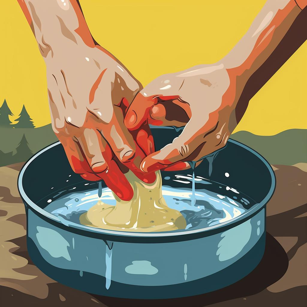 Hands washing a camping pot with soap and a sponge