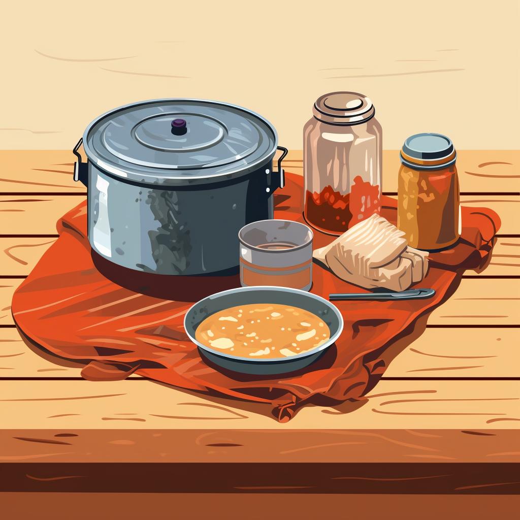 Backpacking stove, pot, water, and meal in a bag laid out on a table