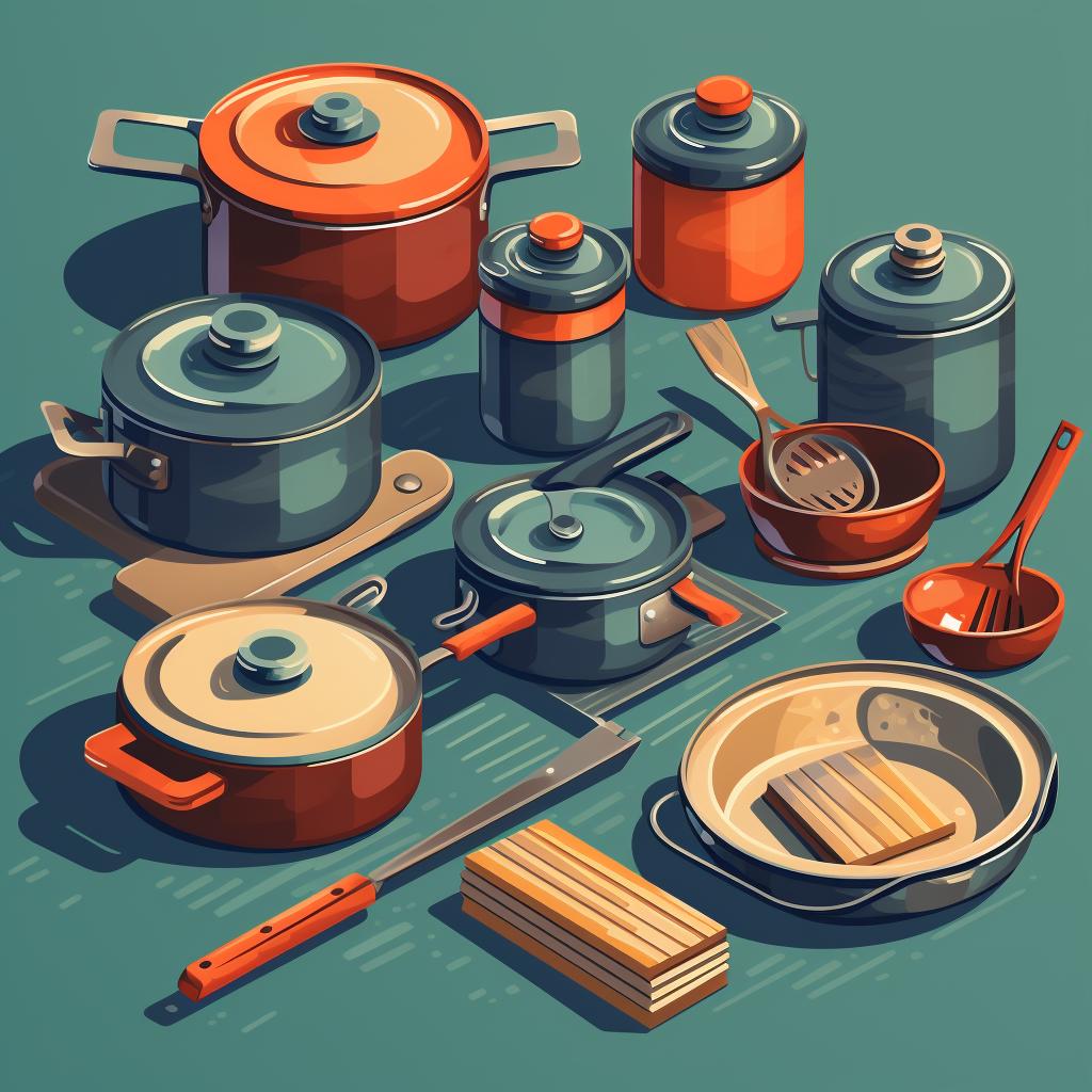Assorted camping cookware sorted into groups