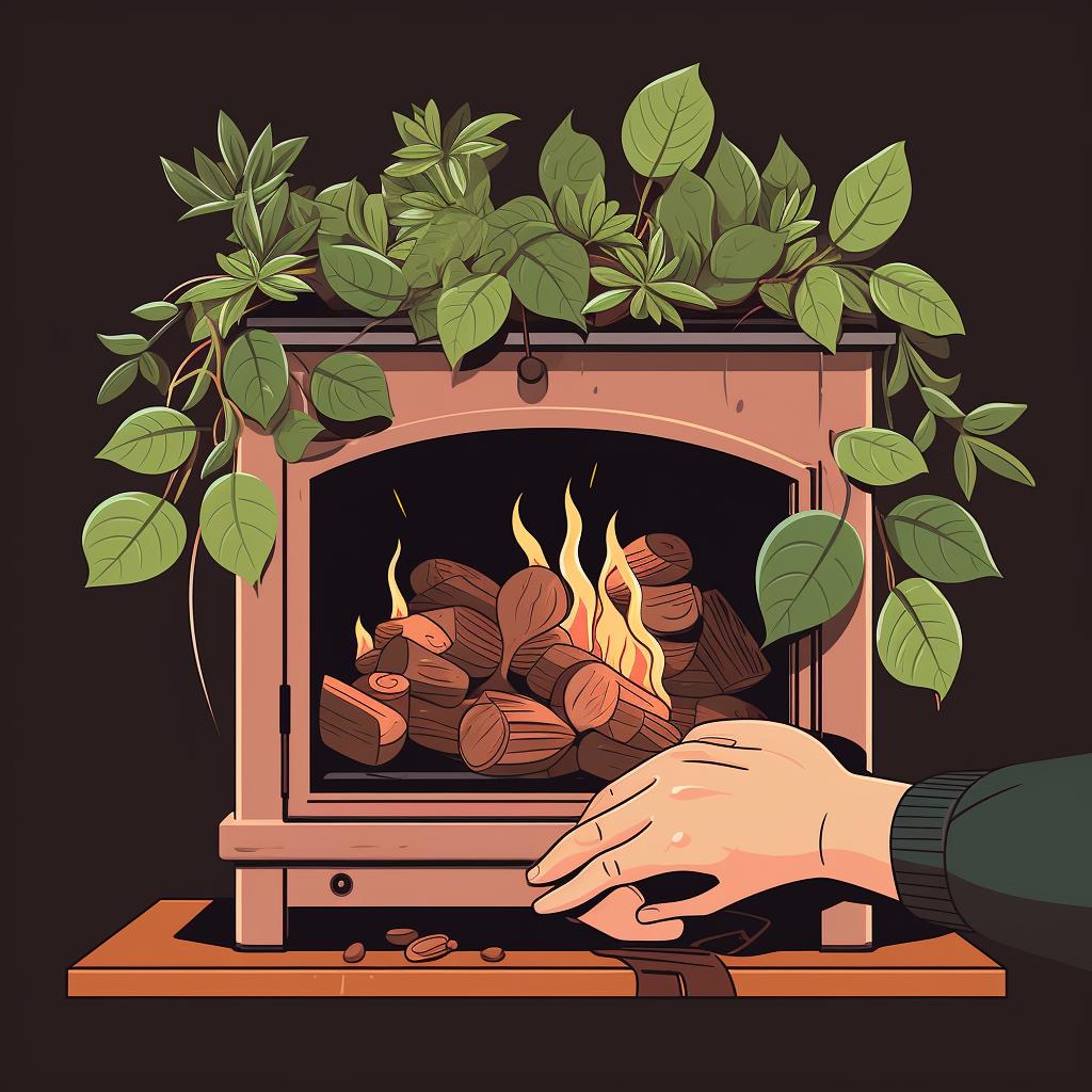 Hands placing twigs and leaves into a wood-burning stove