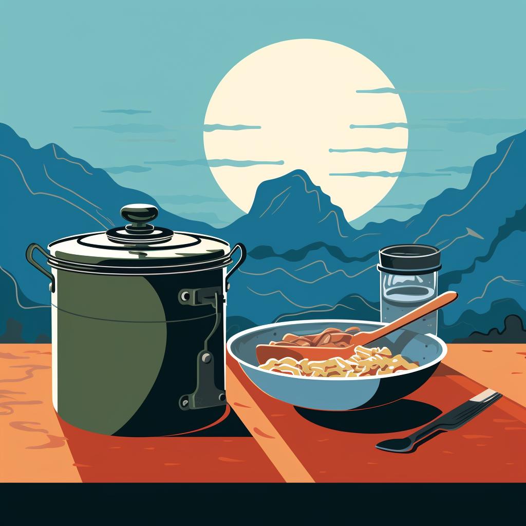A cooked meal next to a cooling canister stove